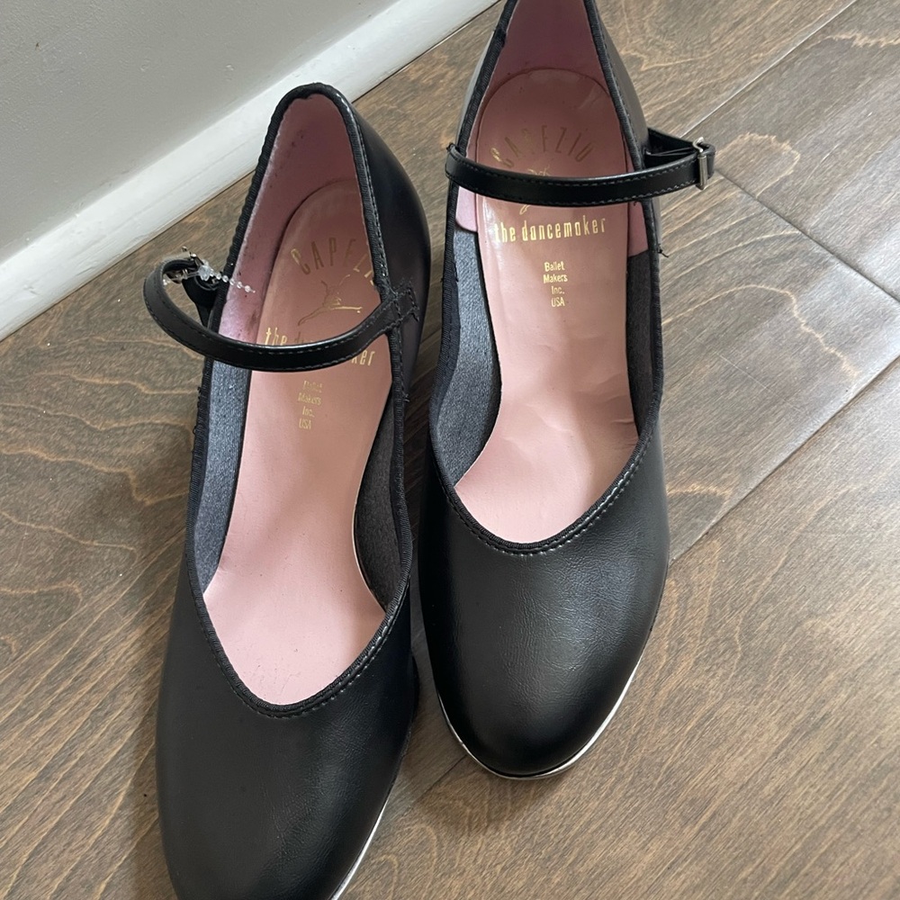 Vintage Capezio The Dancemaker Black Leather Tap Shoes w. Buckle Strap